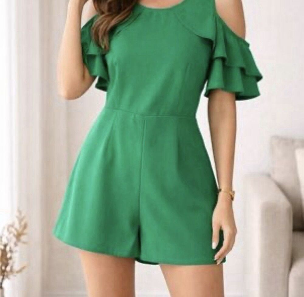 TCEC Kelly Green Cold Shoulder Romper Ruffle Sleeve Boho Womans large
